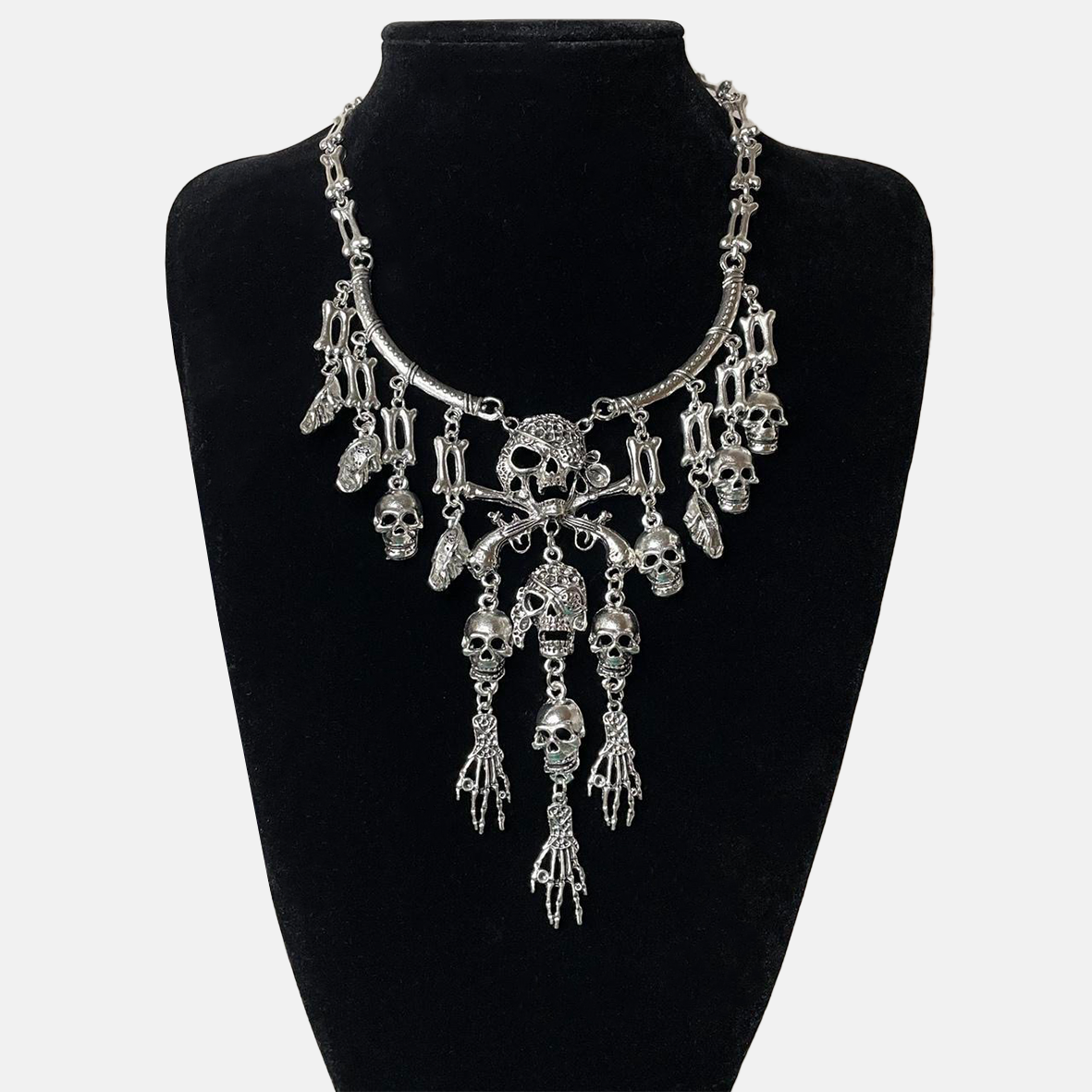 Gothic Skull and Bones Statement Necklace - Bright Silver