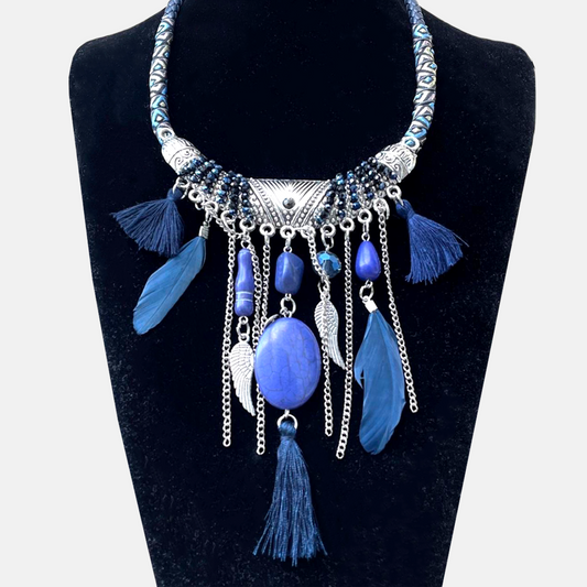 Blue Tassel Feathers Necklace