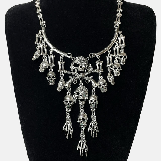 Gothic Skull and Bones Statement Necklace - Bright Silver