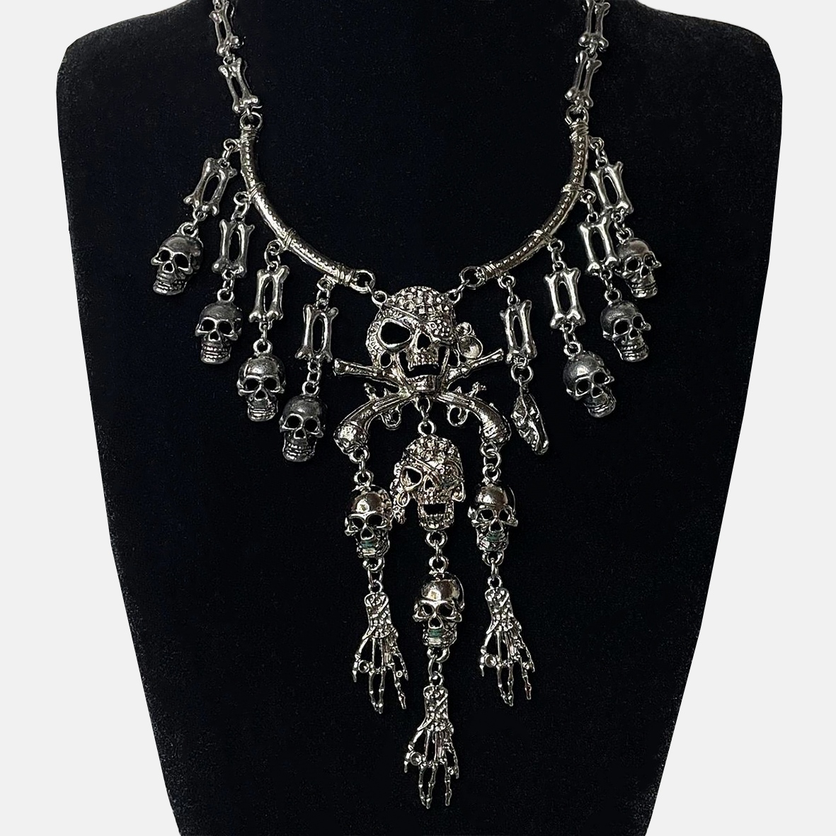 Gothic Skull and Bones Statement Necklace - Bright Silver